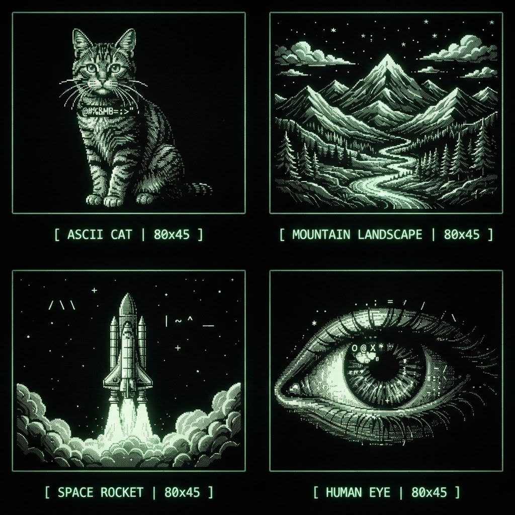 A gallery of ASCII art examples including a cat, mountain, rocket, and eye
