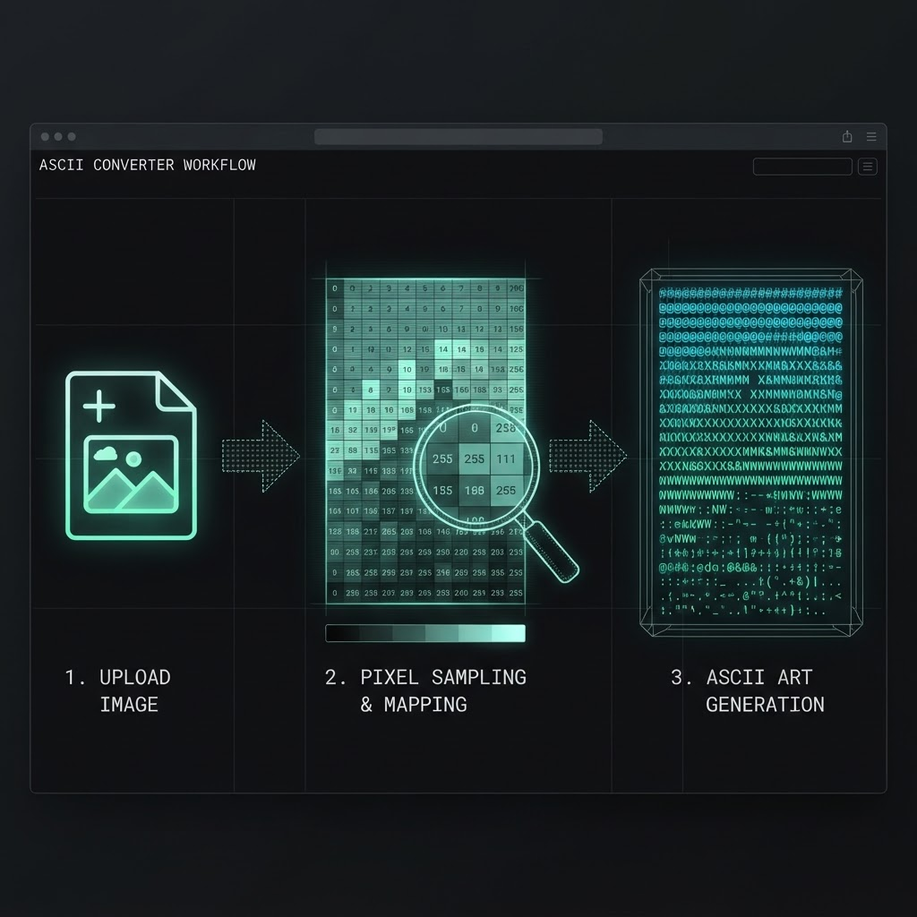 Diagram of the three step workflow to convert an image to ASCII art